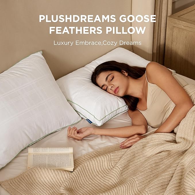 Bedsure Luxury Goose Feathers Down Pillow - 300 Thread Count Cotton Cover Gusseted Hotel Collection Bed Queen Pillow, Ultra-Soft High Elasticity Sorona Fiber Layer Pillows (1, Green, Standard)