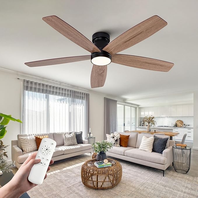 52 inch Ceiling Fans with Lights and Remote,Flush Mount Black Ceiling Fan,Memory Fuction Reversible Quiet DC Motor Low Profile Ceiling Fans For Living Room Bedroom Indoor Outdoor(Black Walnut)