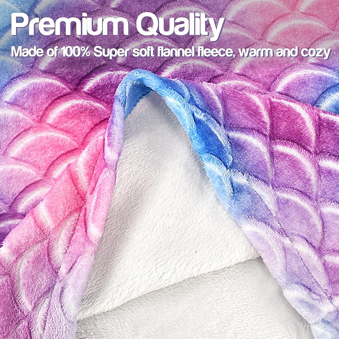 Catalonia Kids Mermaid Tail Blanket, Super Soft Plush Flannel Sleeping Snuggle Blanket for Girls, Rainbow Tie-dye, Fish Scale Pattern, Gift Idea