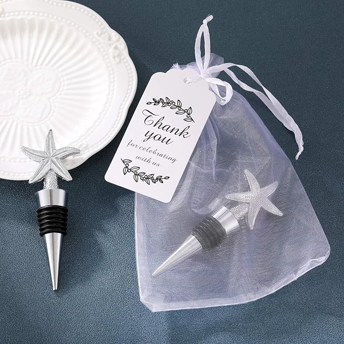 12PCS Valentine's Day Wedding Favors for Guests,Zinc Alloy Decoration Starfish Wine and Beverage Bottle Stoppers Caps Reusable Plug Keep Wine Fresh (12,Sliver Starfish)