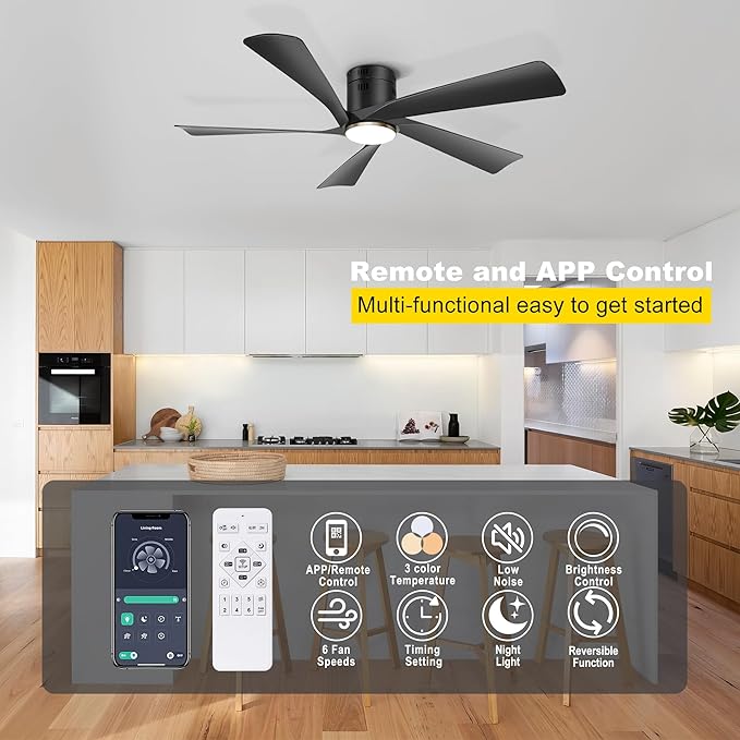 Ohniyou 52” Low Profile Ceiling Fan with Lights, Remote & APP Control Modern Flush Mount Indoor Outdoor Ceiling Fans, Dimmable, Silent DC Motor, Reversible, Black