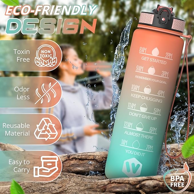 32 oz Water Bottle with Time Marker Leak-Proof & BPA Free Reusable Gym Water Bottle Easy to Carry Motivational Water Bottle for Fitness, Sports, Cycling (Orange & Light Green Green Head)