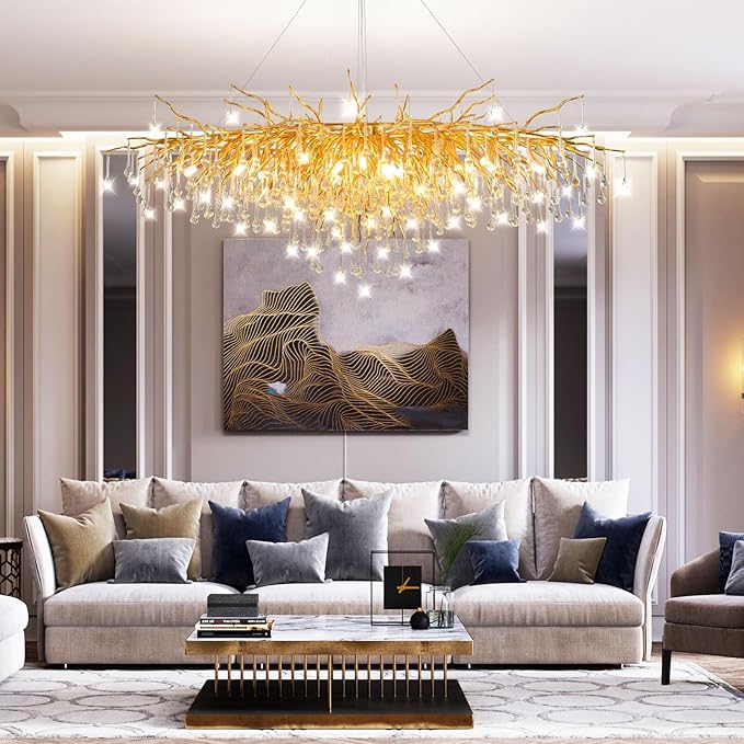 Crystal Branch Chandelier,47.24 Inch Modern Raindrop Chandeliers for Dining Room,Luxury Large Gold Ceiling Chandelier Pendant Hanging Lighting Fixture for Living Room,Entryway