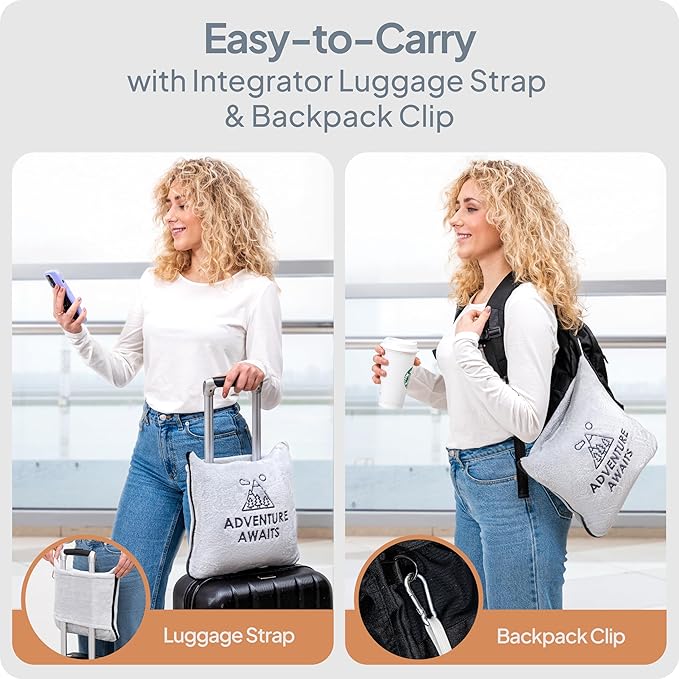 Travel Pillow and Blanket Set - Super Soft 2 in 1 Blankets with Cozy Hand & Feet Pouches Zip into Plush Pillows - Large Size Wraps You in Warmth on Airplanes - Luggage Sleeve & Backpack Clip (Gray)