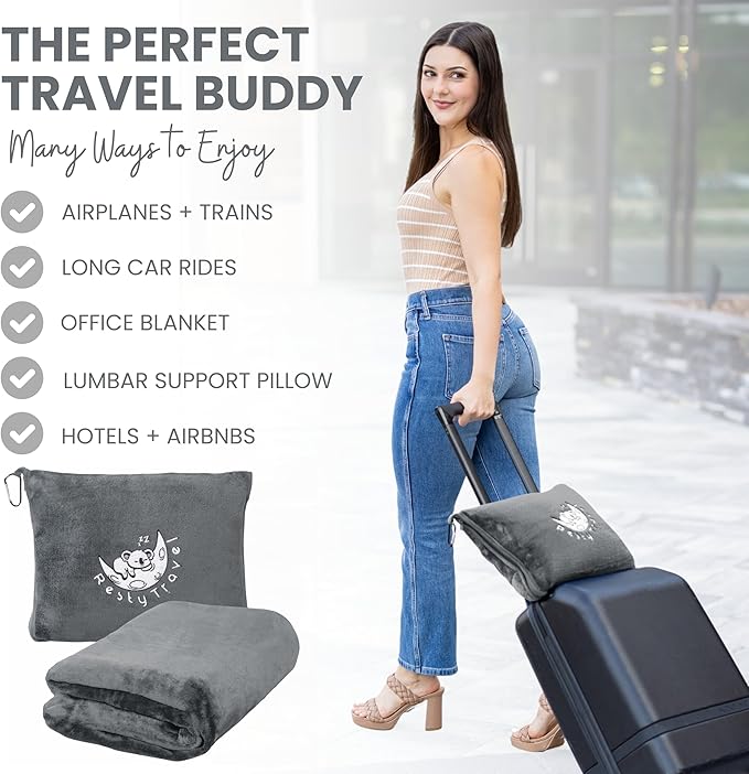 Resty Travel Blanket - Compact Airplane Blanket with Bag - Small and Lightweight Traveling Blanket & Pillow - Portable Blankets with Carabiner for Easy Transport - Plane Train Car (Deep Gray)