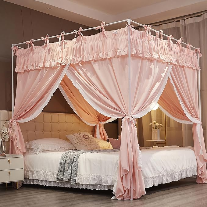Ruffle Lace up 4 Corners Post Princess Curtain Bed Canopy Cozy Breathable Mosquito Net Cloth for Girls Adults Bedroom Decoration (Pink, 59" W*82" L*82" H/Queen)