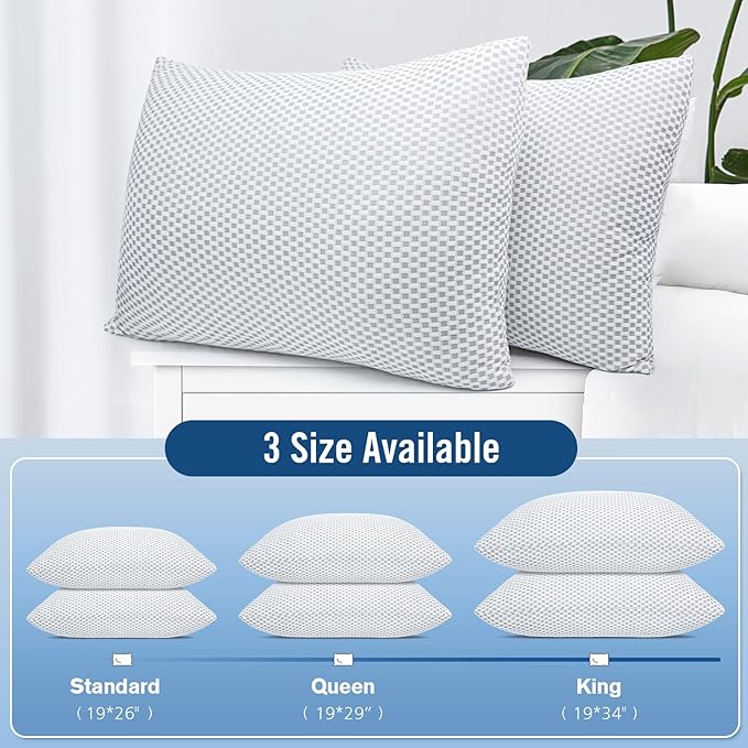 Shredded Memory Foam Pillows, Standard Size Bed Pillows for Sleeping 2 Pack,Washable Removable Cover,Pillows Suitable for Stomach,Back and Side Sleepers.