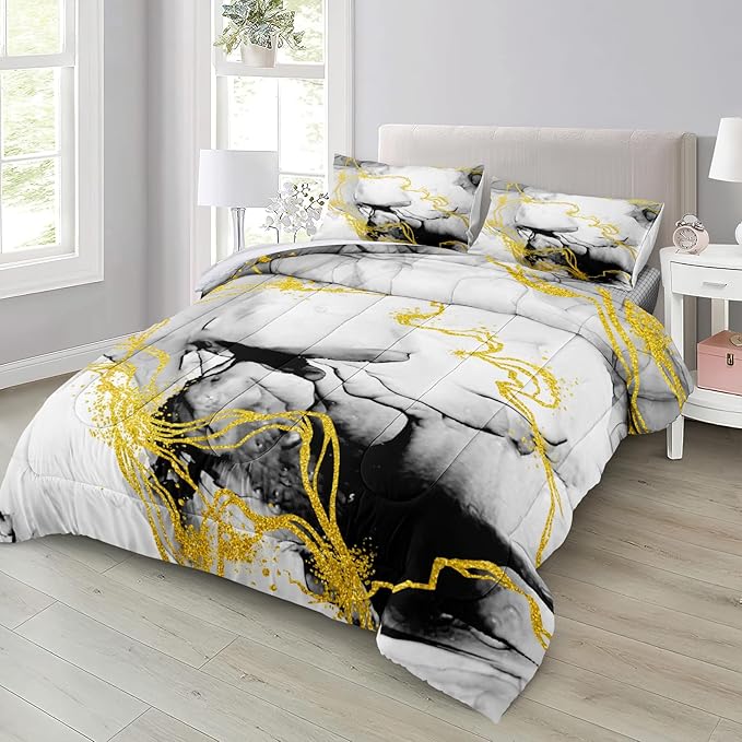 Bedbay Marble Comforter Set King Size Watercolor Bedding Black and Gold Bedding Duvet Set Abstract Marble Texture 4 Pieces Soft Microfiber Lightweight Down Alternative Comforter(Ink,King) ﻿