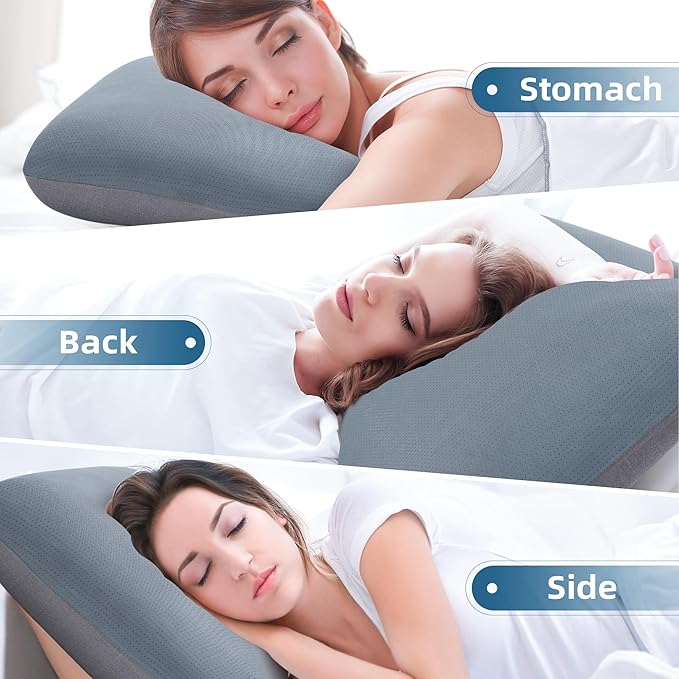 Memory Foam Cooling Pillow Standard Size Pillows Neck & Shoulder Support - for Back, Side, & Stomach Sleepers Grey