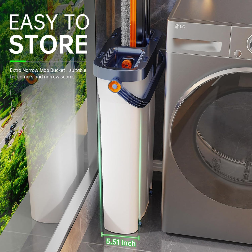 Mop and Bucket Set with Wringer for Home, 360° Flat Squeeze Mop with Long Handle and 6 Microfiber Cloths for Floor Cleaning (White+Blue, Slim Bucket and 15.7'' Aluminum Alloy Mop Head)