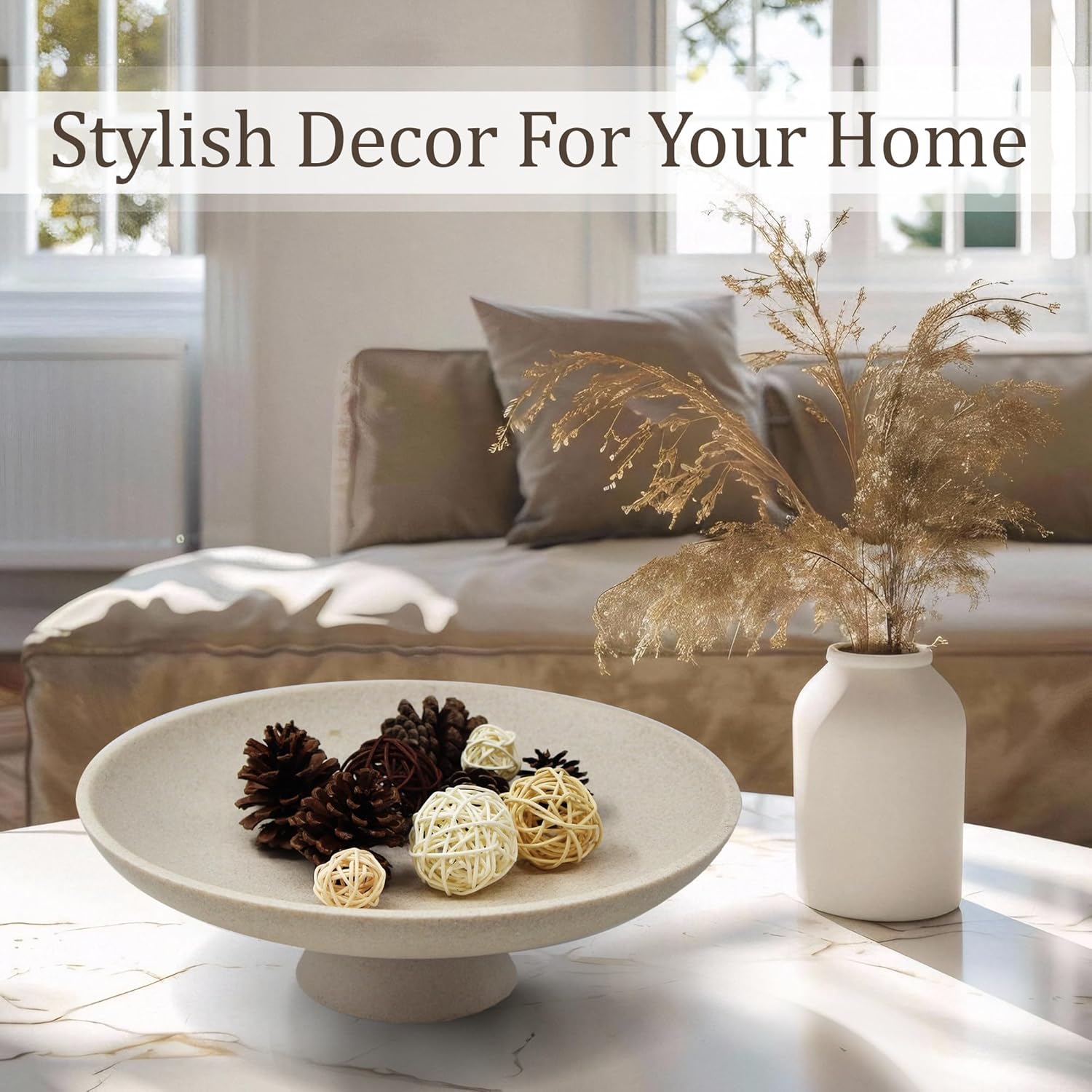 Large Decorative Bowl, Modern Resin Pedestal Bowl for Home Decor, Stylish Fruit Bowl for Kitchen Counter, Chic Key Holder for Entry Table, Beige