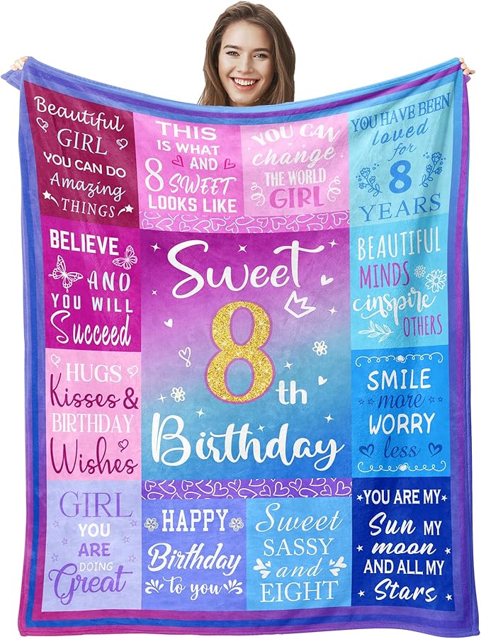 8 Year Old Girl Birthday Gifts Blanket, 8 Year Old Girl Gifts, Birthday Gifts for 8 Year Old Girls, 8th Birthday Decorations for Girls, Eight Year Old Girl Birthday Gifts 60"X50"