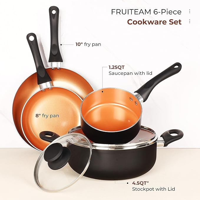 FRUITEAM 6pcs Cookware Set Ceramic Nonstick Soup Pot/Sauce Pan/Frying Pans Set, Copper Aluminum Pan with Lid, Induction Gas Compatible, Black