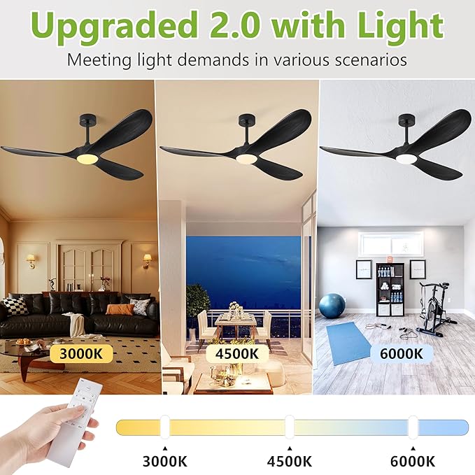 72 Inch Wood Ceiling Fans with Lights and Remote Control, Outdoor Ceiling Fan with Light Solid Wood Modern Black Large Ceiling Fans Propeller Indoor Patios Garage Bedroom High cfm, Matte Black