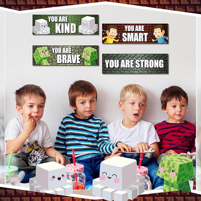 4 Pcs Game Bedroom Wall Decor Boys Room Decor for Kids Inspirational Wooden Hanging Wall Sign Motivational Quote Car Wall Decor for Boys Kids Nursery Playroom Kindergarten