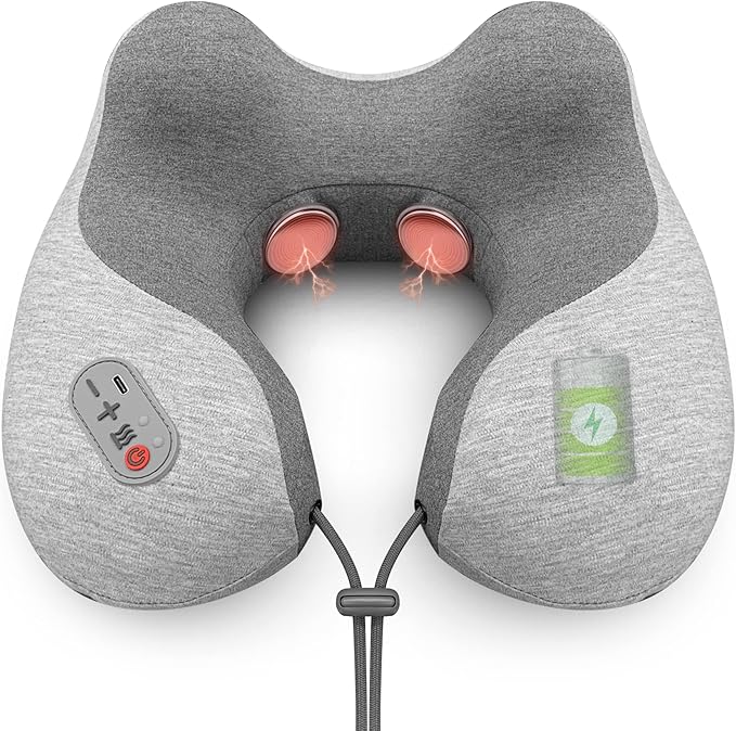 COMFIER Cordless Travel Pillow with Vibration Massager,Travel Neck Massage Pillow with Heat for Neck, Lightweight Memory Foam Neck Pillow,Head Support Soft Pillow for Airplane,Office
