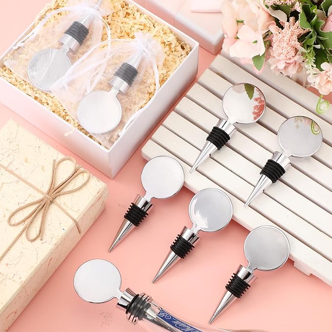 24 Sets Wine Stopper for Wine Bottles Wedding Wine Stopper Champagne Bottle Stoppers Beverage Bottle Stoppers with White Sheer Organza Bags Wedding Party Favor for Guests (Silver)
