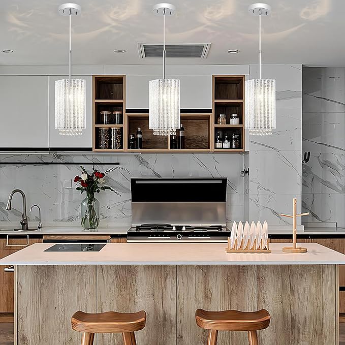 Mini Crystal Chandelier 1 Light Modern Hanging Light Fixture Small Cuboid Chrome Pendant Light for Kitchen Island Dining Room