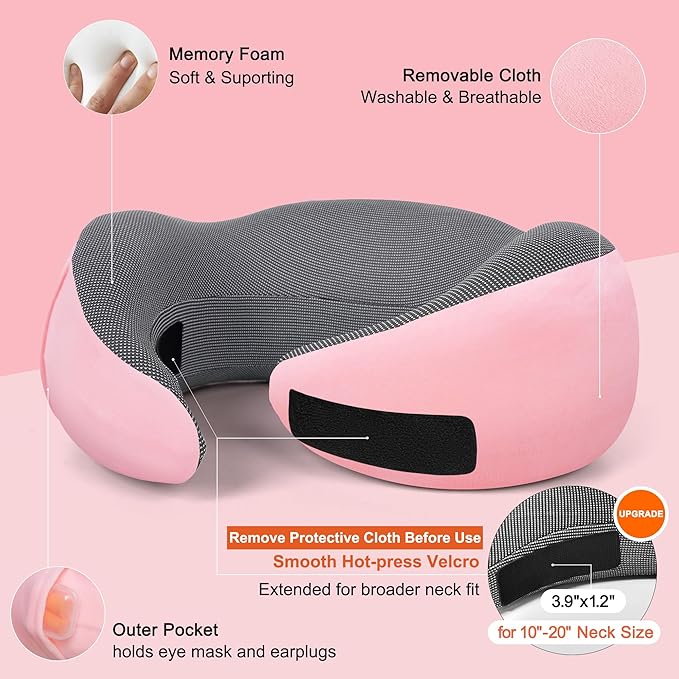 MULIHOMI™ New Packaging Updated Travel Pillow for Airplane with 100% Memory Foam, 360° Adjustable Full Surrounding Flying Neck Pillows, Travel Pillow Set with 3D Eye Masks, Earplugs (Pink)