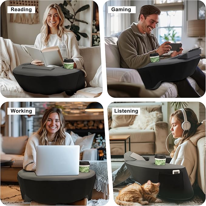Reading Pillow for Lap, Memory Foam Gaming Pillow, Arm Rest Pillow with 2 Side Pockets&Cup Holders, Large Arm Rest Pillow for Gaming, Reading, Working Sitting in Bed Floor Sofa