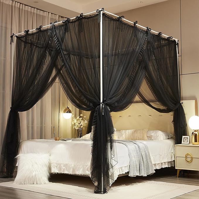 4 Corners Post Princess Curtain Bed Canopy Lace Up Double Layer 4 Opening Mosquito Net Mesh for Girls Bedroom Decoration(Black, 59" W*82" L*82" H/Queen)