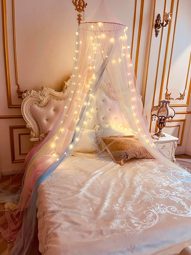 Mosquito Net Bed Canopy for Girls,Rainbow Canopy with LED Lights Bed Curtains Full Queen Size from Ceiling,Dome Mosquito Netting Bed Tent Twin Girls Princess Canopy King Bed Decor