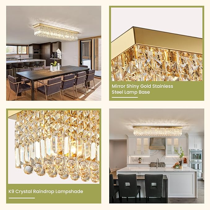 Siljoy Modern Crystal Ceiling Light Luxury Gold Rectangular Flush Mount Crystal Raindrop Chandelier 10 Lights Large Rectangle Pendant Light for Living Dining Room Kitchen Island L47'' x W10'' x H10''