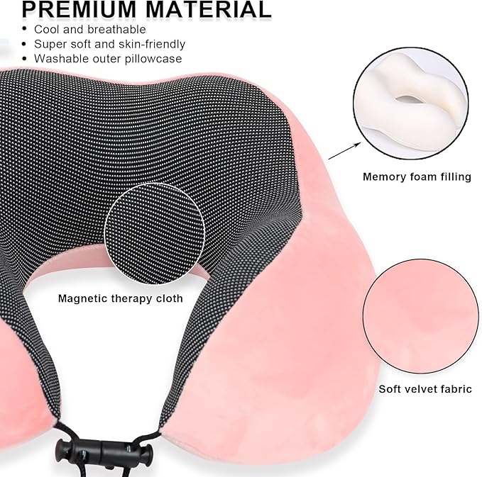 Pure Memory Foam Travel Pillow Set for Adults - Comfortable & Breathable Removable Cover, Airplane Travel Kit with Eye Mask & Portable Storage Bags for Plane Accessories - Pink