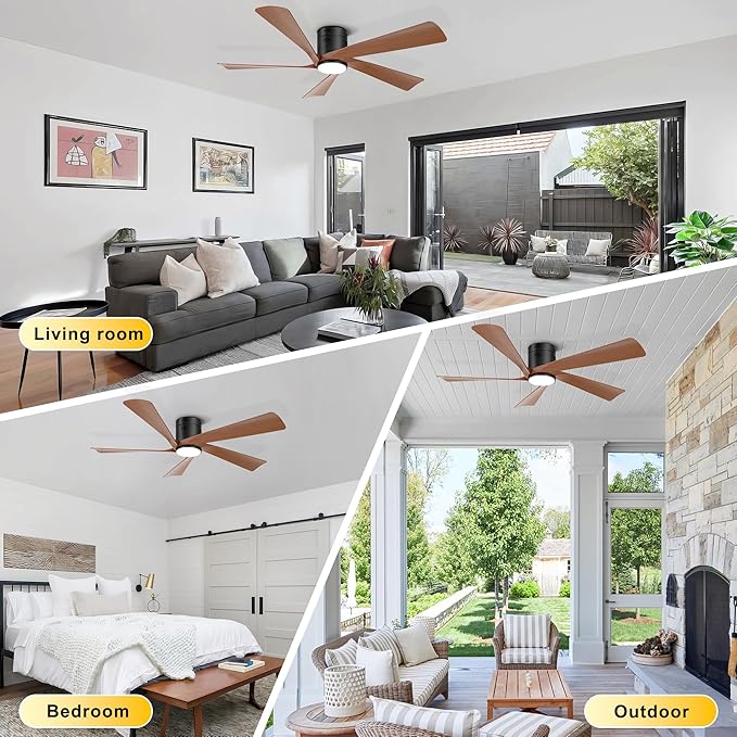 Ohniyou 52” Flush Mount Farmhouse Ceiling Fan with Lights, Remote & APP Control Low Profile Indoor Outdoor Ceiling Fans, Dimmable, Quiet DC Motor, Reversible, Black+Wood