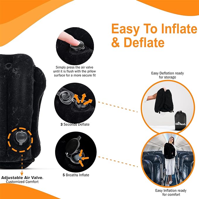 Inflatable Travel Pillow - Airplane Pillow for Neck Support on Long Flights, Buses, Cars, Office & Trains - Comes with Eye Mask, Earplugs & Portable Drawstring Bag - Black