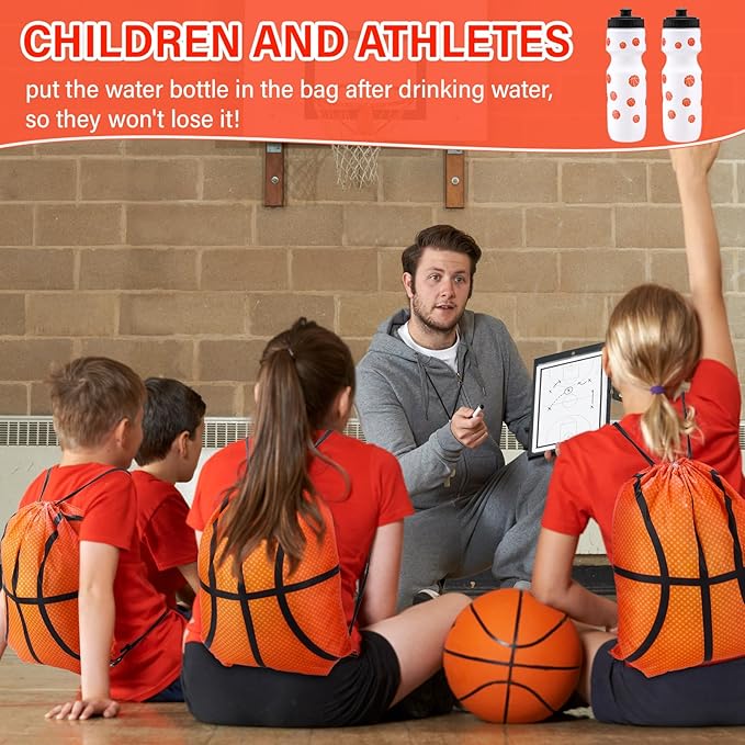 2 Pcs Basketball Sports Party Favors Sports Drawstring Bags Goodie Treat Bags 24 oz Squeeze Water Bottles