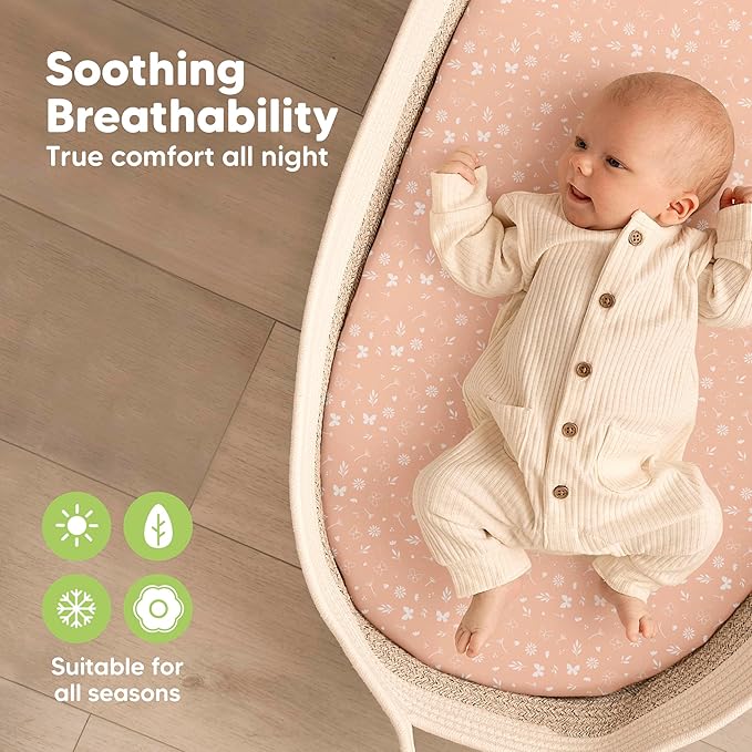 2-Pack Organic Bassinet Sheets for Girls, Boys - 100% Cotton Bassinet Mattress Sheets Compatible with Halo Bassinest Swivel Sleeper, Graco, Baby Delight, Chicco, Fitted Bassinet Sheets (Butterflies)