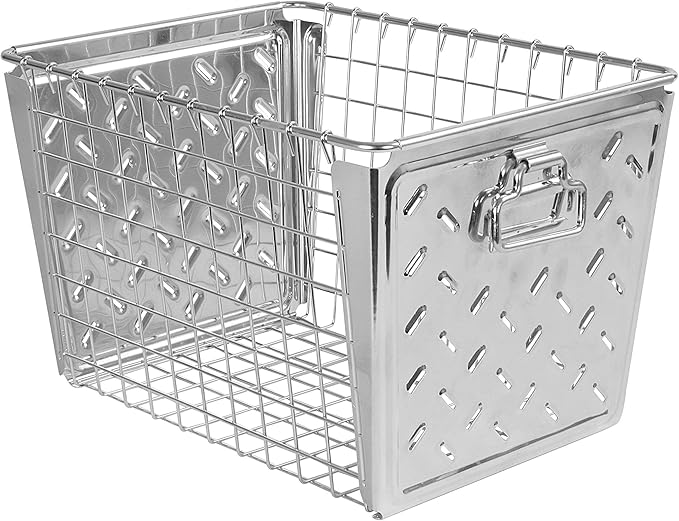 Tovolo Macklin, Stamped Steel & Wire Basket for Closet & Cubby Storage Vintage-Inspired Design with Customizable Label Plate, Medium, Zinc