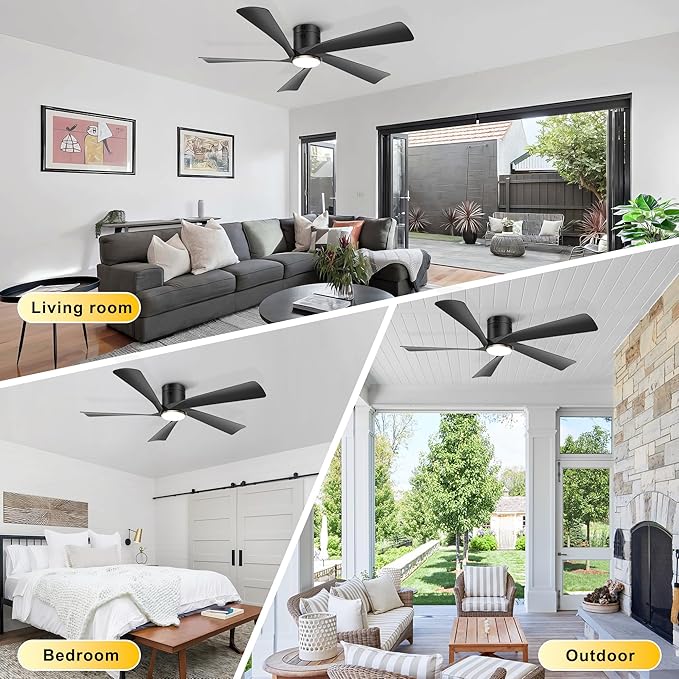 Ohniyou 52” Low Profile Ceiling Fan with Lights, Remote & APP Control Modern Flush Mount Indoor Outdoor Ceiling Fans, Dimmable, Silent DC Motor, Reversible, Black