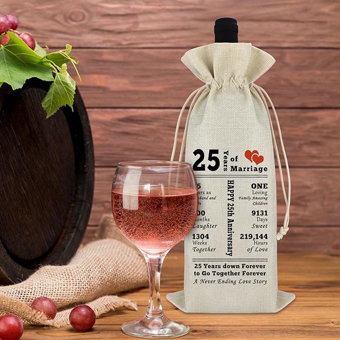 25 Year Marriage Gift for Wife Husband Wine Bag 25th Anniversary Wedding Gift for Her Him Drawstring Burlap Wine Bag Anniversary Keepsake Gift for Couples Friend Valentine Gift for Husband Wife