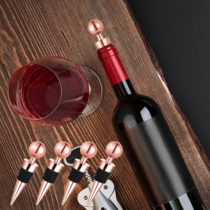 4 Pcs Rose Gold Wine Stoppers Cork Wine Bottle Stoppers for Beverage, Reusable Silicone Vacuum Wine Bottle Corks Stainless Steel Wine Stopper for Glass Bottles Party Wedding Bar
