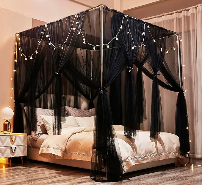 Mengersi Bed Canopy Canopy Bed Curtains with Lights- 4 Corners Post Royal Bed Drapes Mosquito Net- Elegant Bedroom Decoration Accessories for Adults(King,Black)