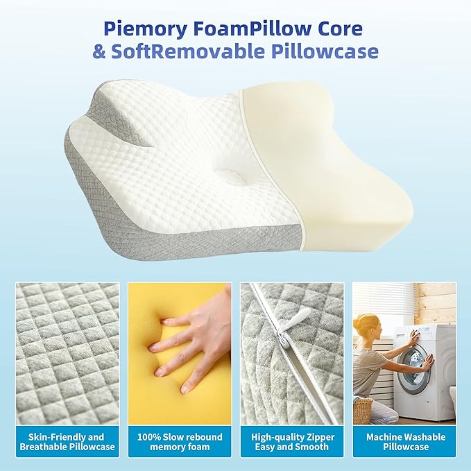 Cervical Neck Pillow for Pain Relief, Contour Memory Foam Pillows for Sleeping, Ergonomic Neck Support Pillow for Shoulder, Suitable for Side Back Stomach Sleepers with Cooling Pillowcase