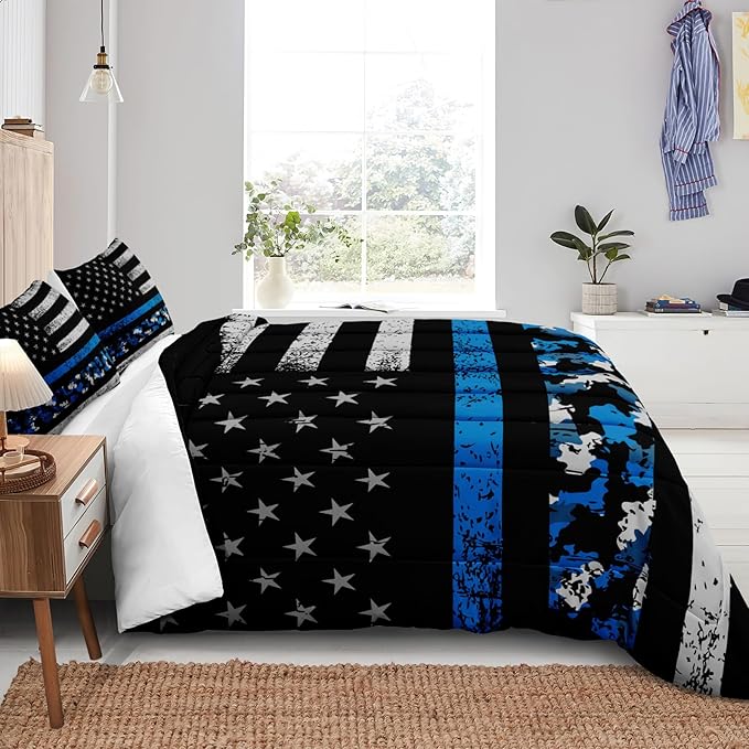 Bedbay American Flag Comforter Set Queen Teen Boys Military Bedding 4Pcs Camouflage Bedding Full Size Flag Camo Comforter Set Soft Lightweight Army Comforter Duvet Insert for All Season(Blue,Queen)