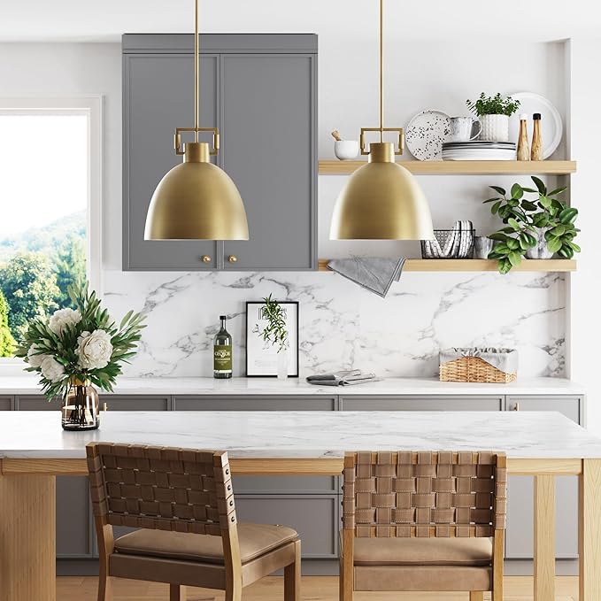 Nathan James Leigh Pendant Lighting, Hanging Ceiling Light with Oversized Metal Shade and Adjustable Cord, for Kitchen Island or Entryway, Antiqued Brass