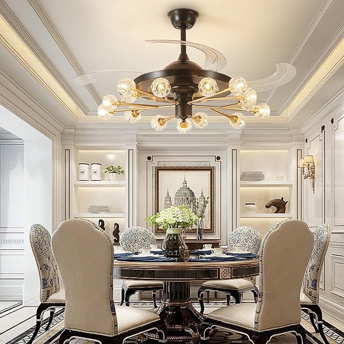 Black and Gold Chandelier Fan: Crystal Sputnik Ceiling Fan with Light and Remote - 42" Modern Fandelier with 15 Lights - Retractable Ceiling Fan for Living Dining Room Kitchen