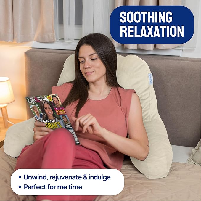 ComfortSpa Reading Pillow for Bed Adult Size, Back Rest Pillow with Arms, Pockets and Washable Cover; Use as a Back Pillow for Sitting in Bed for Bedrest or Relief from GERD Heartburn (X-Large Cream)