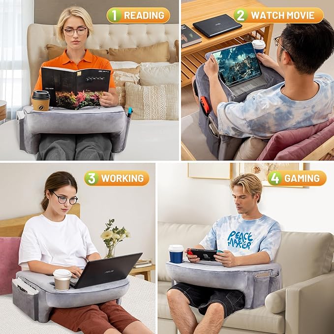 DELLAN Reading Pillow for Bed, Gaming Pillow for Lap, Memory Foam Lap Desk Pillow with Arm Rest for Adult