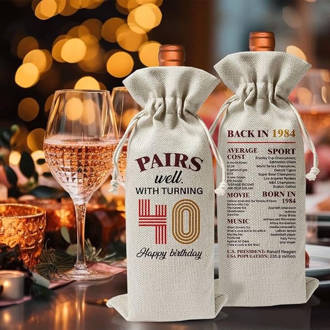 40th Birthday Gift For Best Friend Mom Dad Women Men Her Him, Reusable Linen Wine Bag Gift, 40th Birthday Party Decor Favors, Happy 40th Birthday Gift For Him Her Woman Man, 1984 Birthday