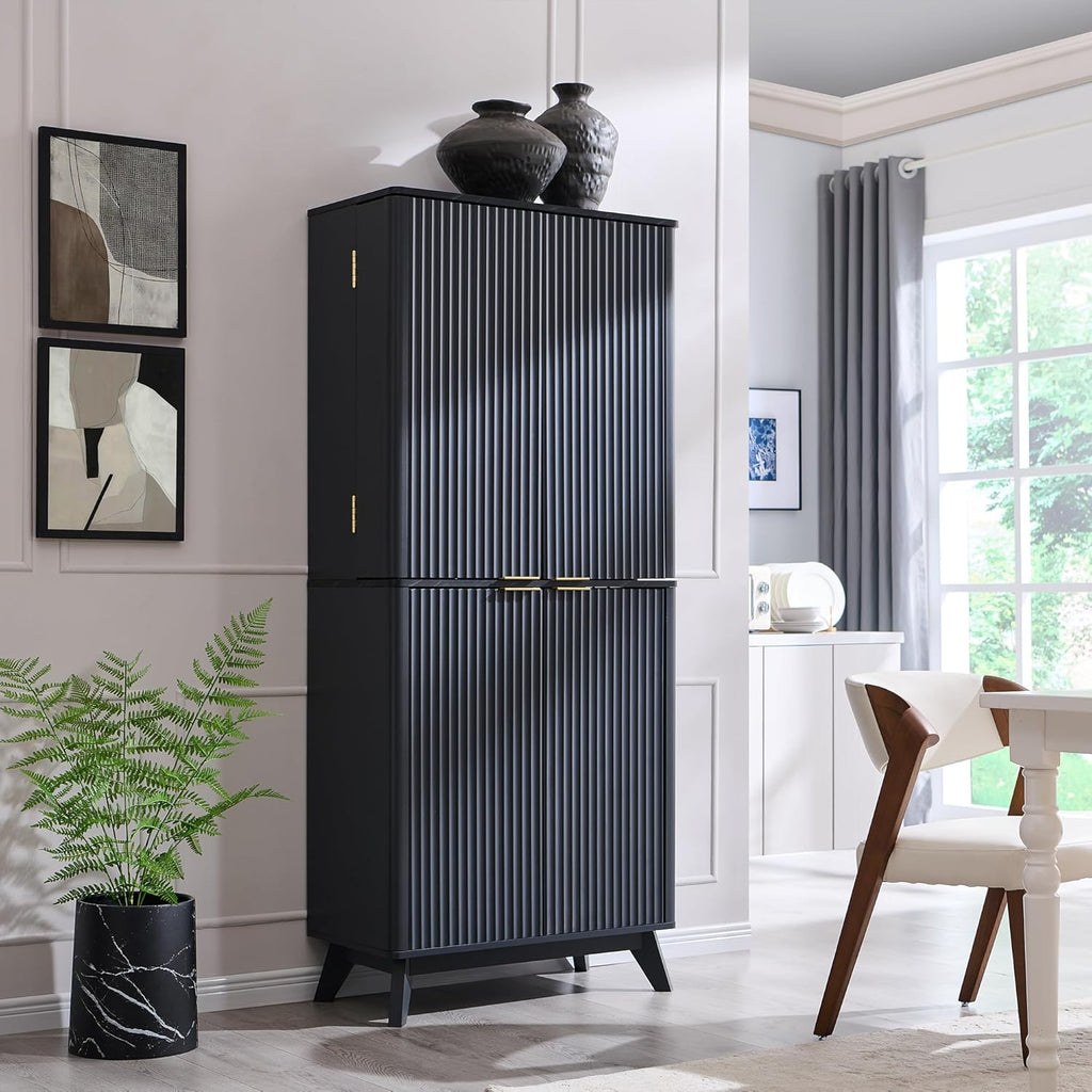 OKD Fluted Kitchen Pantry, 72" Tall Mid Century Modern Storage Cabinet with Adjustable Shelves & Door Organizer, Wood Cabinet for Kitchen, Living Room, Dark Grey