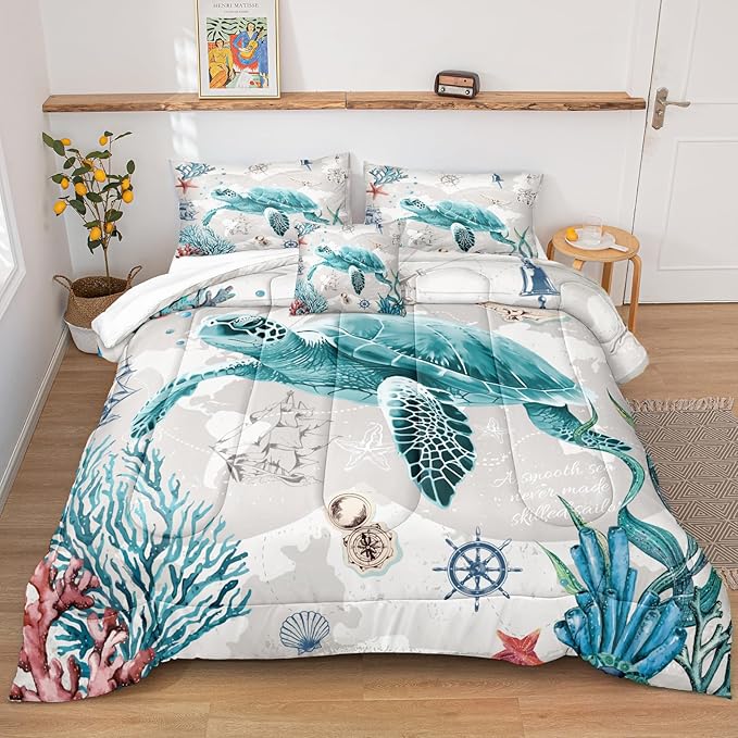 Bedbay Nautical Bedding Set Turtle Comforter Set King Size Beach Comforter Set Soft Microfiber Sea Life Ocean Bedding Comforter Set Coastal Bedding Boys Girls Beach Theme Bedding Set(Turtle,King)
