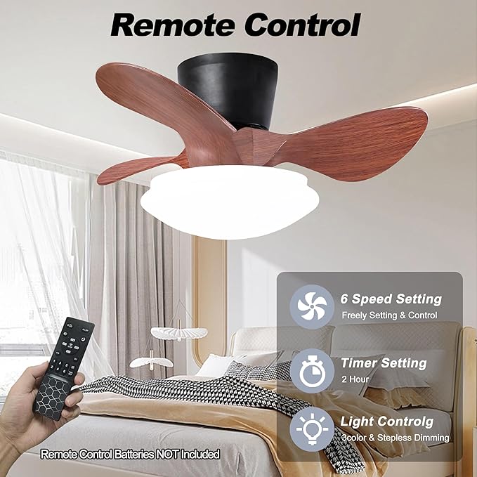 NicBex Ceiling Fan 24 Inch Ceiling Fan with Lights Ceiling Fans with 3 ABS Blades and Remote Control DC Motor Ceiling Fan with Flush Mount for Bedroom, Living Room, Walnut