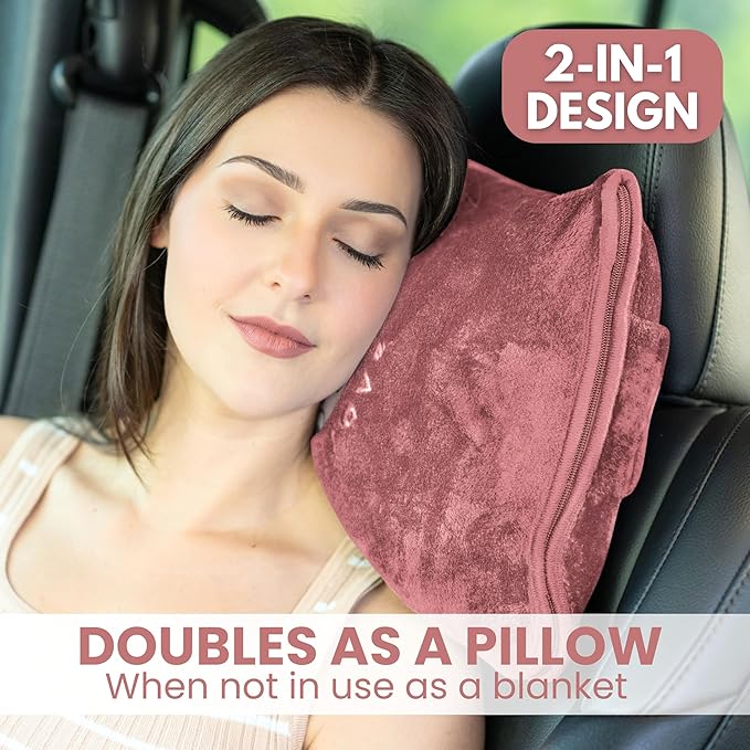 Resty Travel Blanket - Compact Airplane Blanket with Bag - Small and Lightweight Traveling Blanket & Pillow - Portable Blankets with Carabiner for Easy Transport - Plane Train Car (Pink)