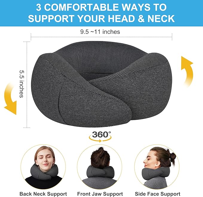 MULIHOMI™ Travel Pillow for Airplane with 100% Memory Foam, 360° Adjustable Full Surrounding Flying Neck Pillows, Travel Pillow Set with 3D Eye Masks, Earplugs (Black)