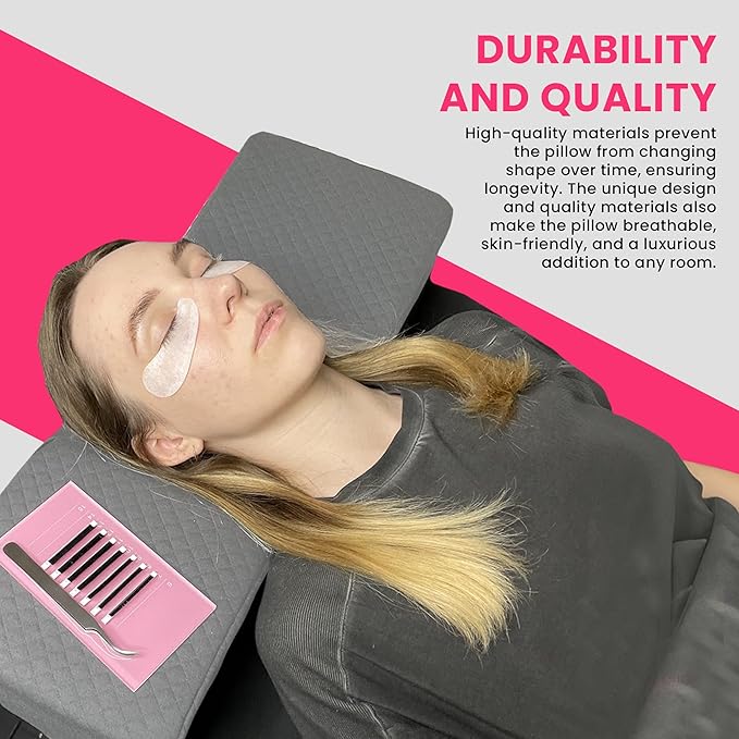 Pillow for Eyelash Extensions - Curved Memory Foam Lash Bed Pillow with Neck and Back Support, Perfect Pillow for Eyelash Extensions, Two Pockets for Tools On The Sides of Pillow (Gray)